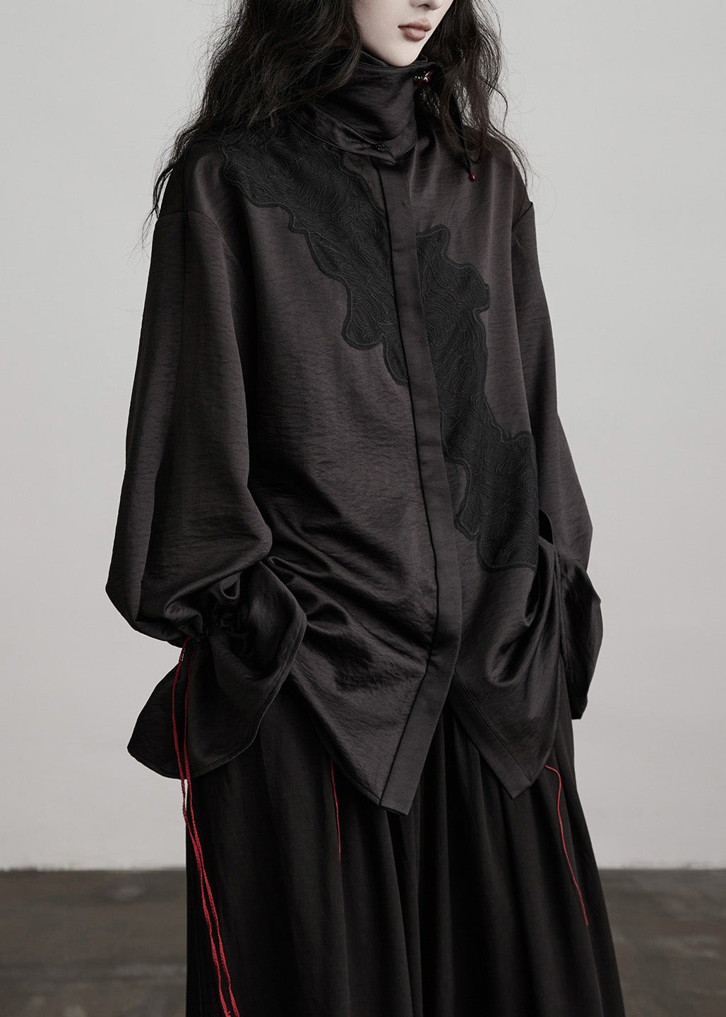 Beautiful Black Peter Pan Collar Drawstring Patchwork Silk Blouses Spring
