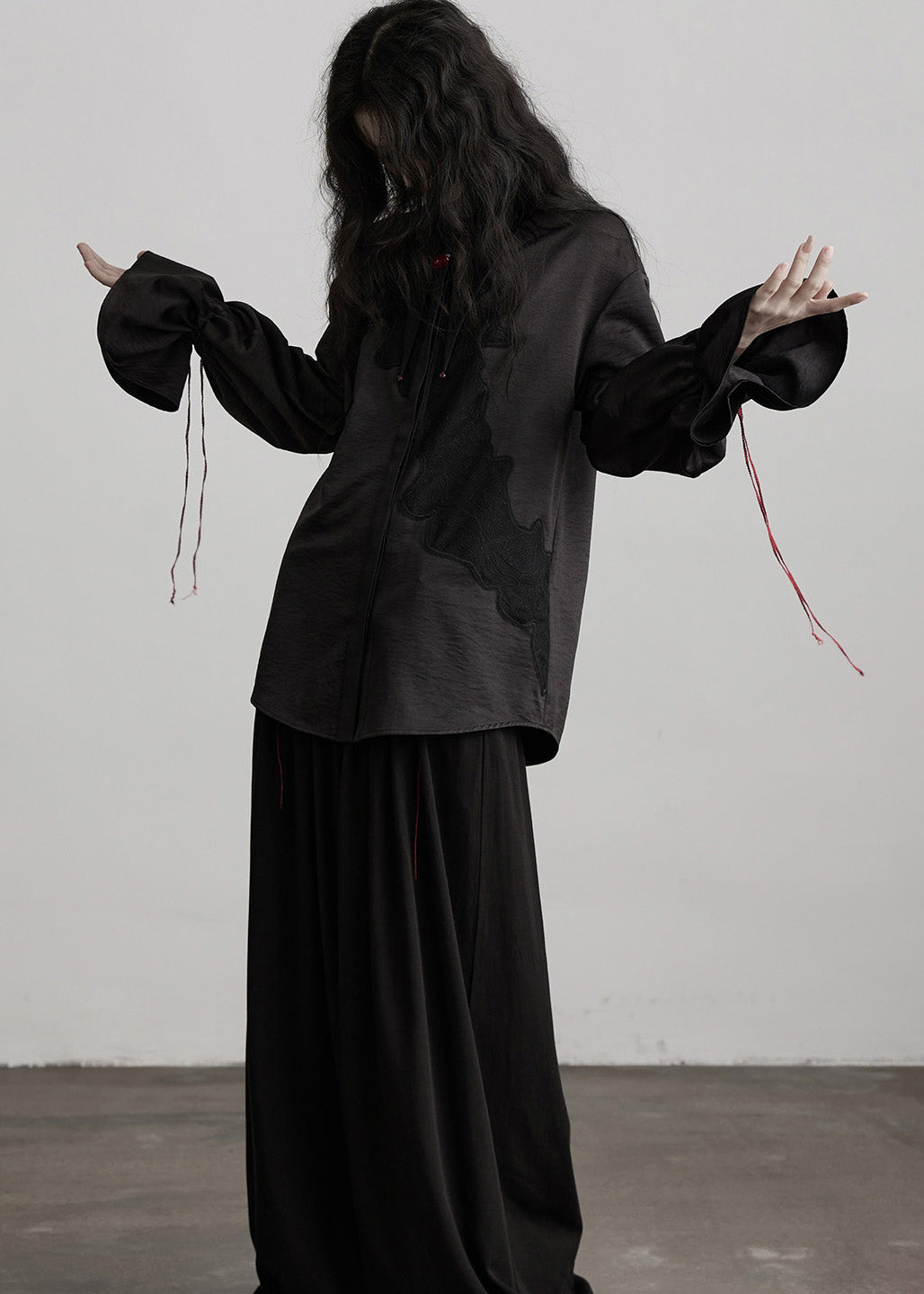 Beautiful Black Peter Pan Collar Drawstring Patchwork Silk Blouses Spring