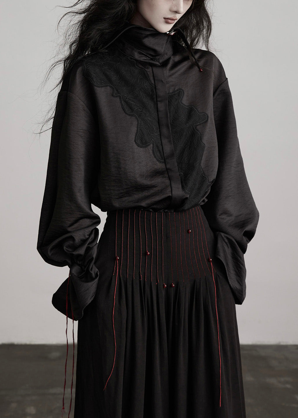 Beautiful Black Peter Pan Collar Drawstring Patchwork Silk Blouses Spring