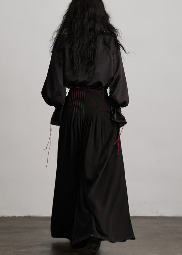 Beautiful Black Peter Pan Collar Drawstring Patchwork Silk Blouses Spring