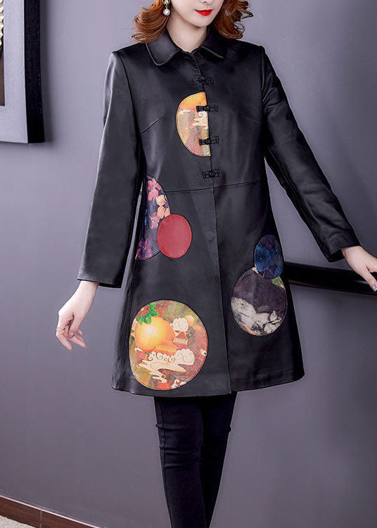 Black Peter Pan Collar Patchwork Print Faux Leather Trench Spring