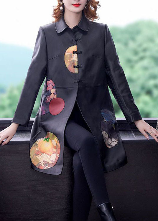 Black Peter Pan Collar Patchwork Print Faux Leather Trench Spring