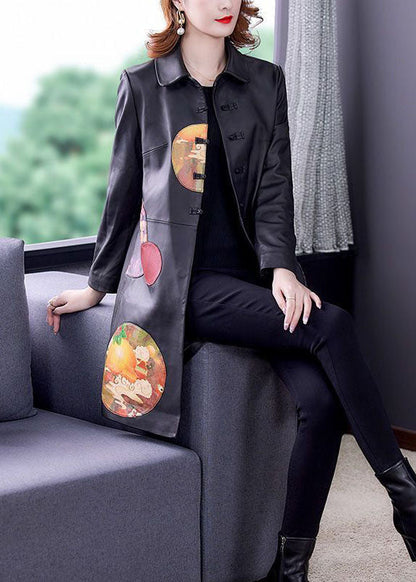 Black Peter Pan Collar Patchwork Print Faux Leather Trench Spring