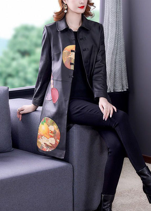 Black Peter Pan Collar Patchwork Print Faux Leather Trench Spring