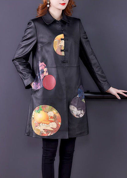 Black Peter Pan Collar Patchwork Print Faux Leather Trench Spring