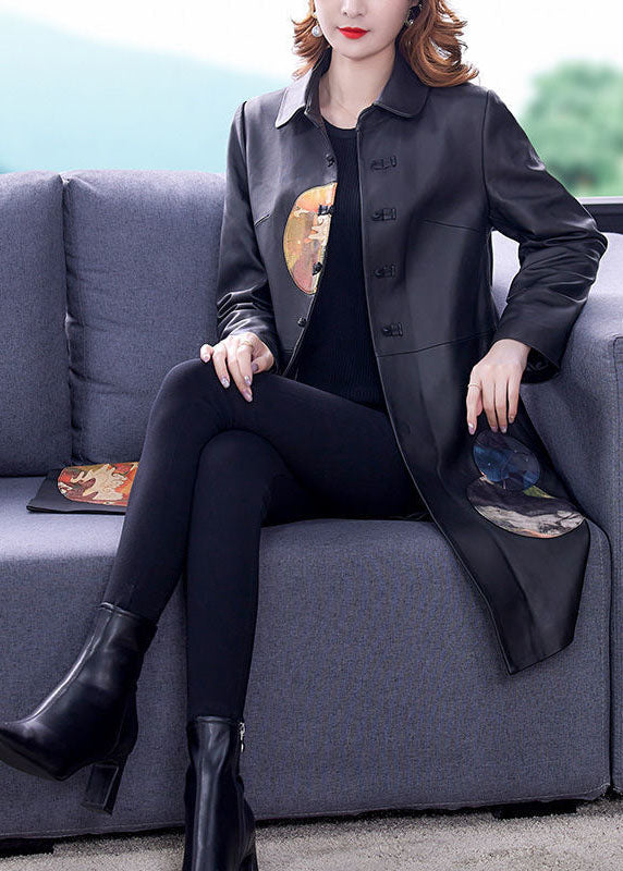 Black Peter Pan Collar Patchwork Print Faux Leather Trench Spring