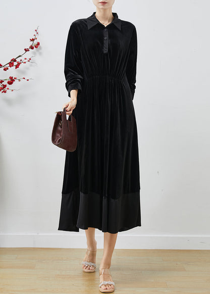 Black Peter Pan Collar Patchwork Silk Velvet Dresses Fall