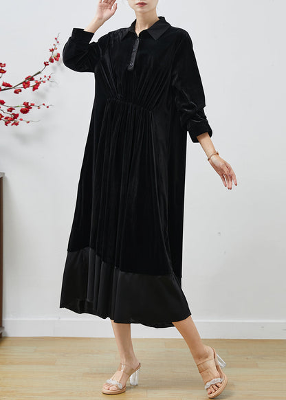 Black Peter Pan Collar Patchwork Silk Velvet Dresses Fall
