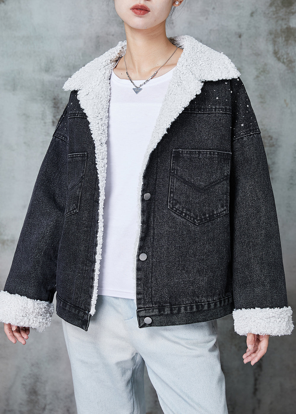 Black Peter Pan Collar Patchwork Warm Fleece Denim Jacket Winter
