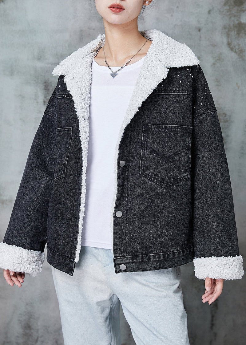 Black Peter Pan Collar Patchwork Warm Fleece Denim Jacket Winter