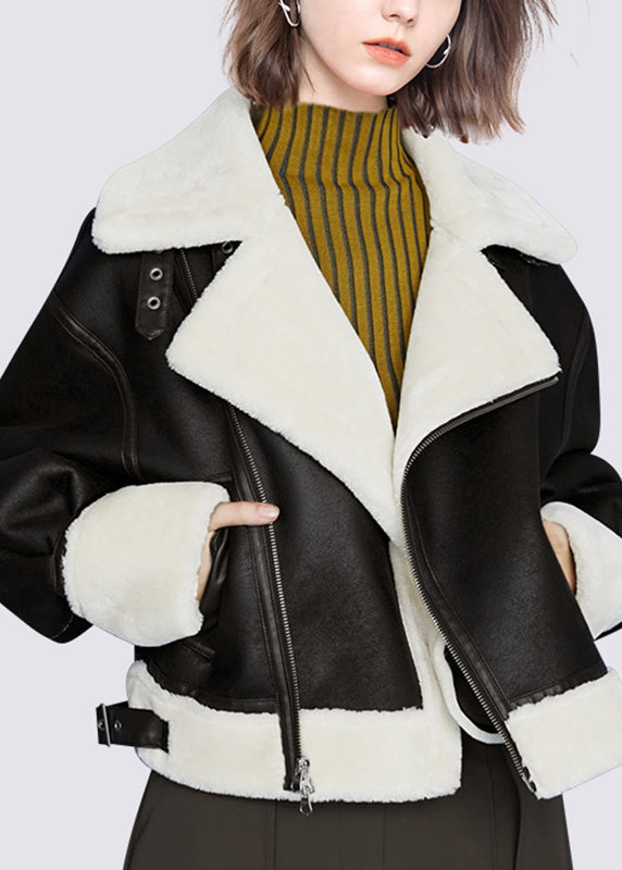Black Peter Pan Collar Pockets Warm Fleece Pu Coats Winter