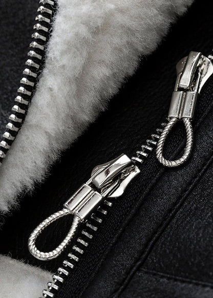 Black Peter Pan Collar Pockets Warm Fleece Pu Coats Winter