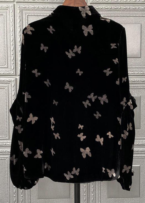 Black Peter Pan Collar Print Button Velour Tops Fall