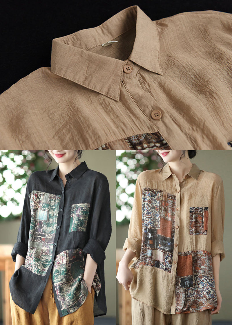 Black Peter Pan Collar Print Linen Shirt Long Sleeve