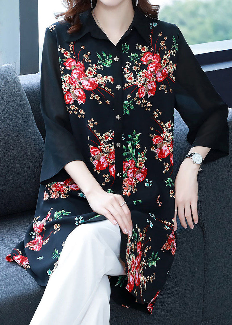 Black Peter Pan Collar Print Patchwork Chiffon Shirts Bracelet Sleeve