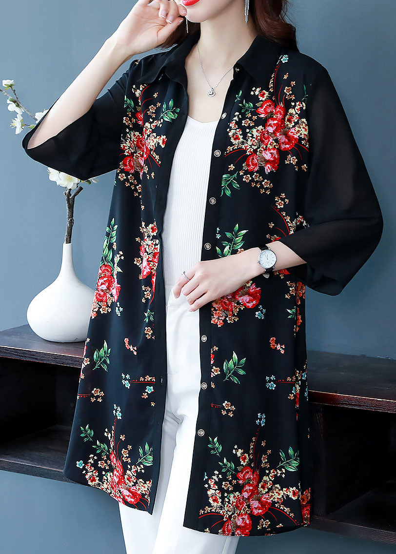 Black Peter Pan Collar Print Patchwork Chiffon Shirts Bracelet Sleeve