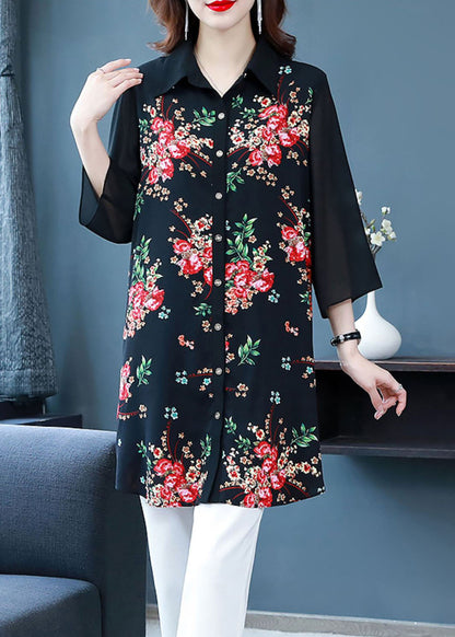 Black Peter Pan Collar Print Patchwork Chiffon Shirts Bracelet Sleeve