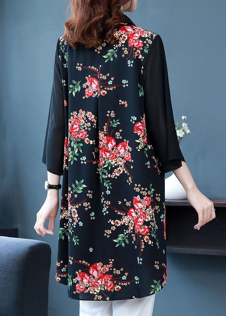 Black Peter Pan Collar Print Patchwork Chiffon Shirts Bracelet Sleeve