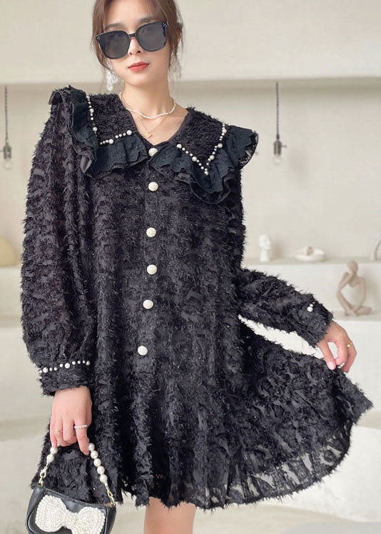 Black Peter Pan Collar Ruffled Mini Dresses Spring