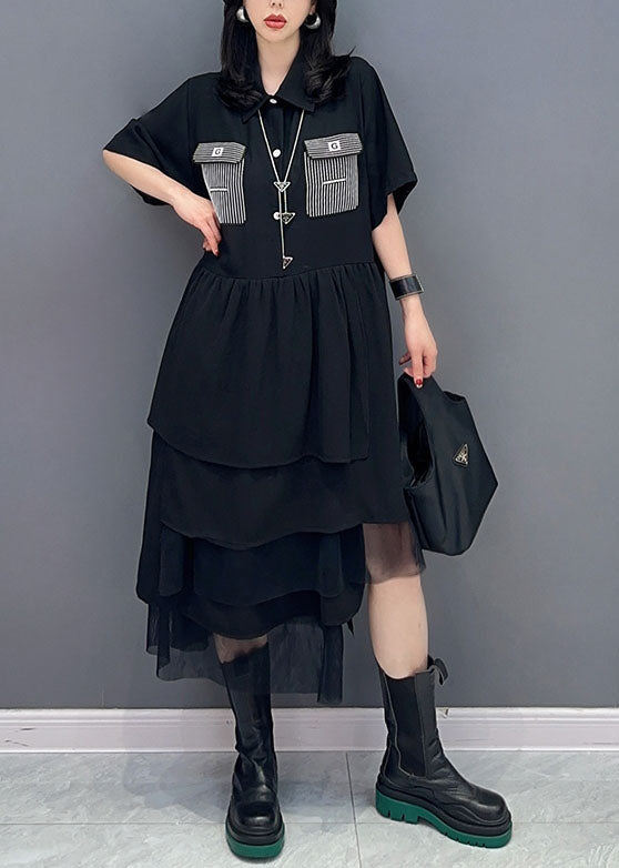 Black Peter Pan Collar Wrinkled Patchwork Chiffon Dress Summer