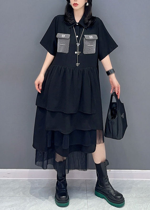 Black Peter Pan Collar Wrinkled Patchwork Chiffon Dress Summer