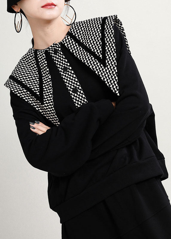 Black Peterpan Collar Button Print Fall Loose Sweatshirts Top
