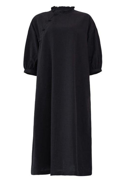 Black Pockets Button Summer Linen Maxi Dresses Half Sleeve