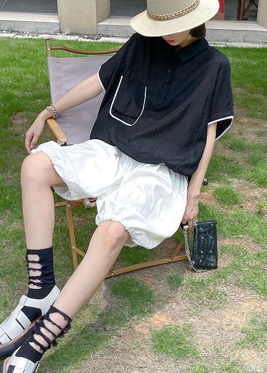 Black Pockets Peter Pan Collar Button Cotton Top Summer