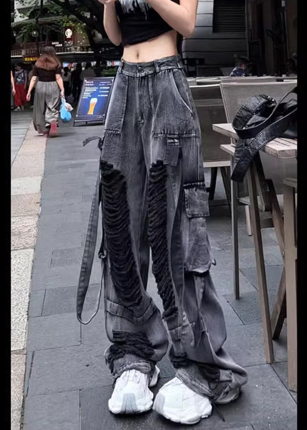Black Pockets Ripped Denim Pants Trousers Fall
