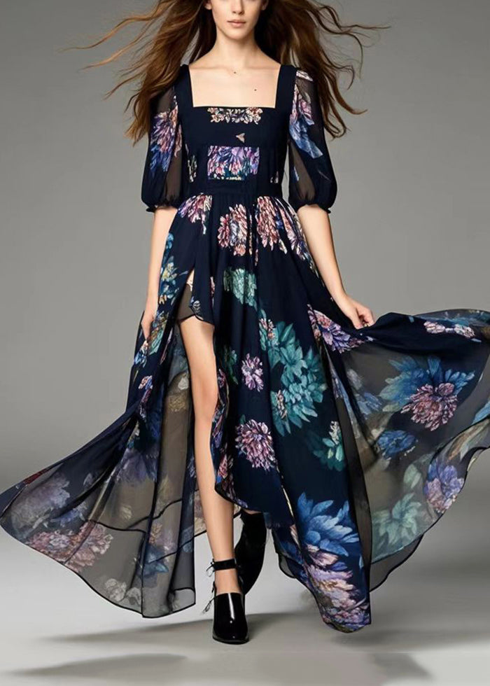 Black Print Asymmetrical Design Chiffon Dress Summer