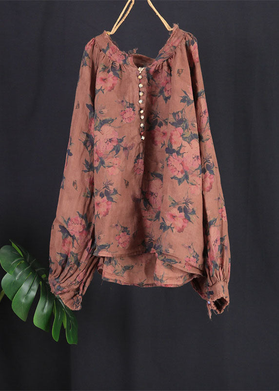 Black Print Button Patchwork Linen Tops Spring