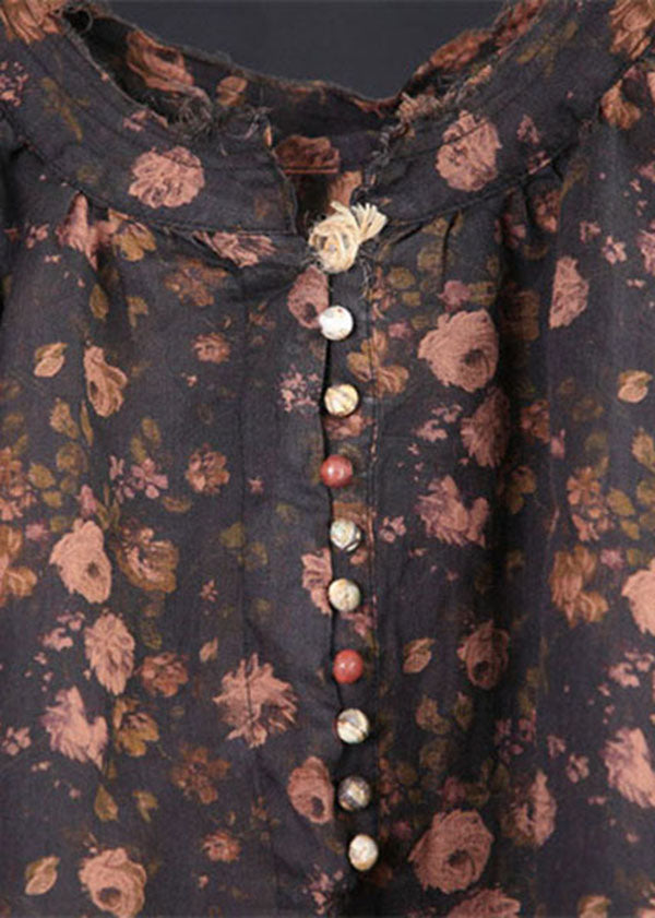 Black Print Button Patchwork Linen Tops Spring