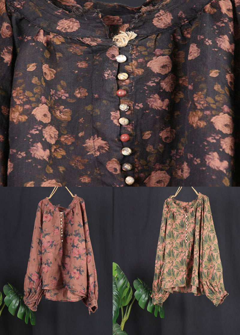 Black Print Button Patchwork Linen Tops Spring