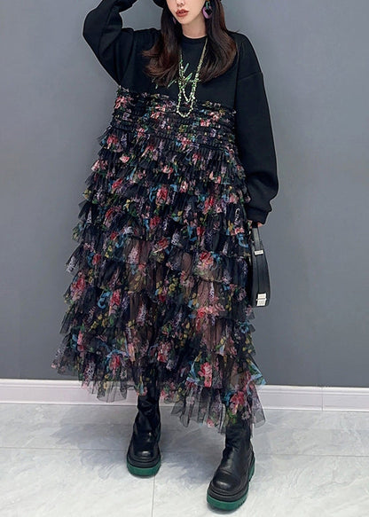 Black Print Chiffon Patchwork Dresses Long Sleeve