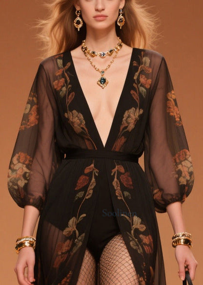 Black Print Draping Chiffon Upf 50+ Beach Cardigan Summer