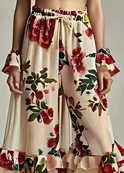 Black Print Elastic Waist Tie Waist Flared Pants Summer