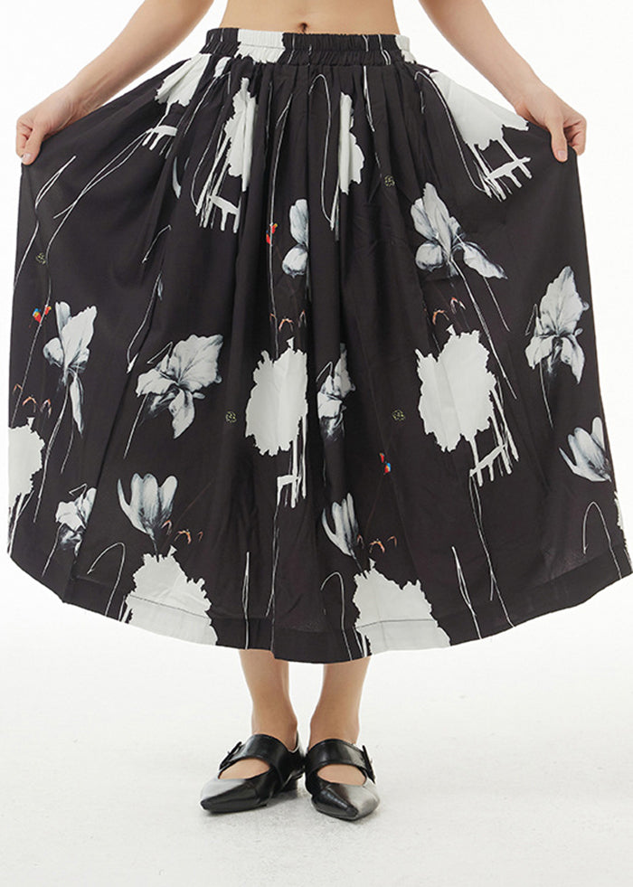 Black Print Exra Large Hem Cotton a Line Skirt Summer