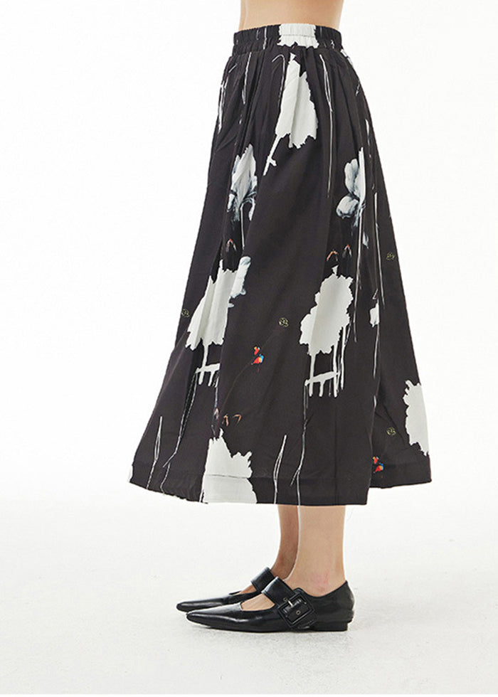 Black Print Exra Large Hem Cotton a Line Skirt Summer