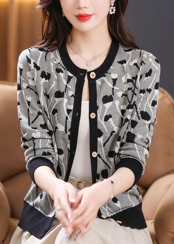 Black Print Patchwork Knit Cardigan Long Sleeve