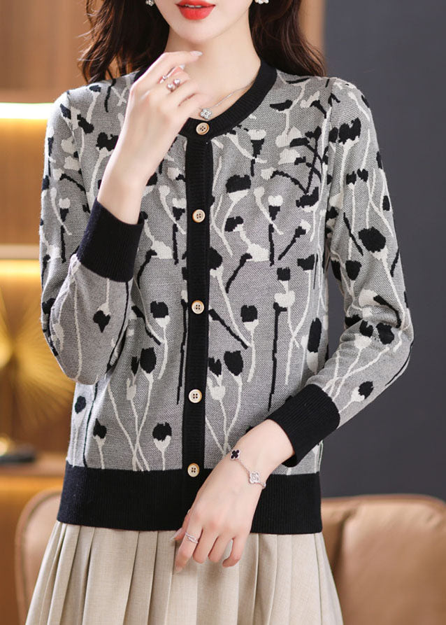 Black Print Patchwork Knit Cardigan Long Sleeve