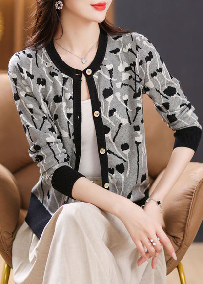 Black Print Patchwork Knit Cardigan Long Sleeve
