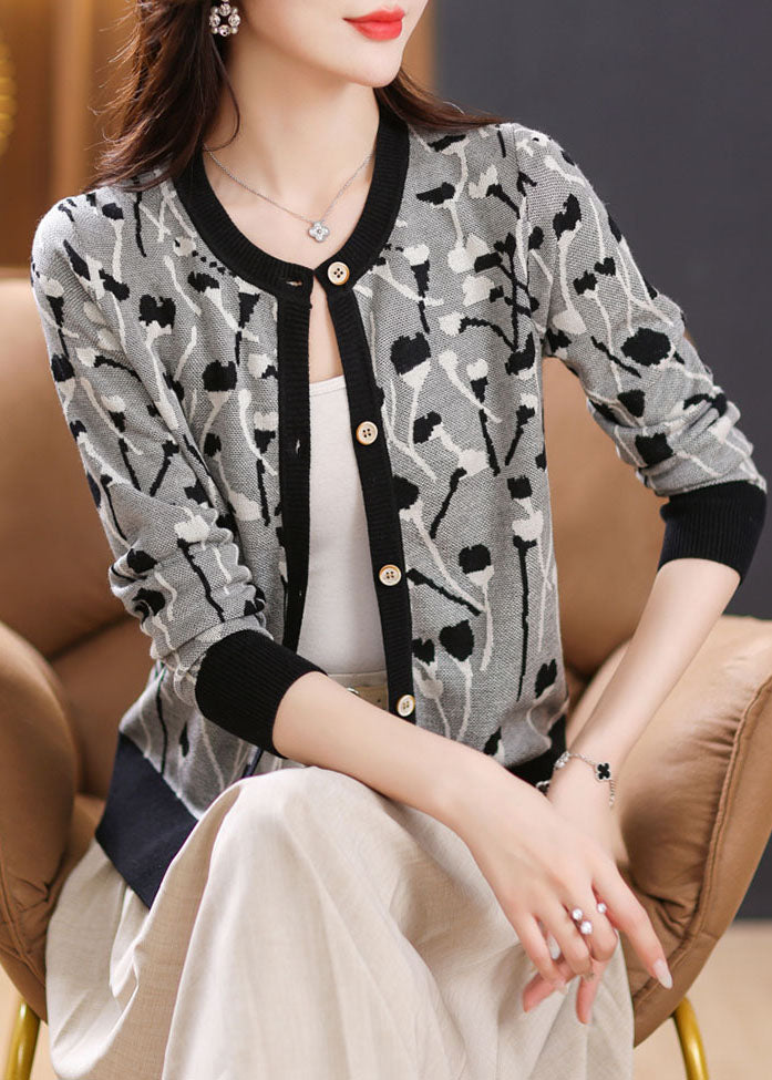 Black Print Patchwork Knit Cardigan Long Sleeve