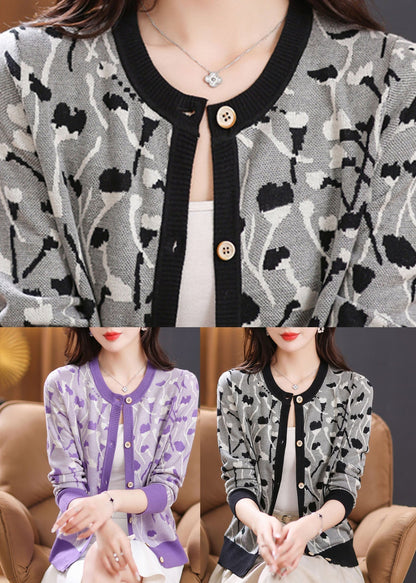 Black Print Patchwork Knit Cardigan Long Sleeve