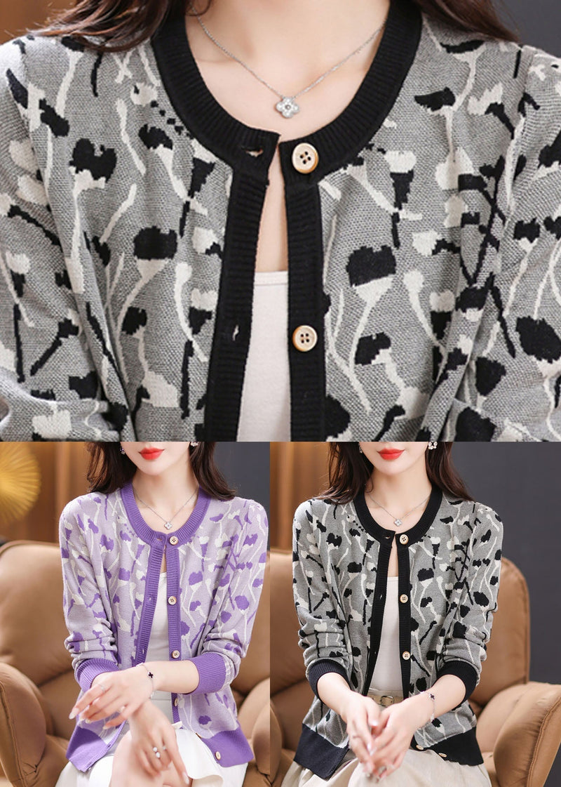 Black Print Patchwork Knit Cardigan Long Sleeve