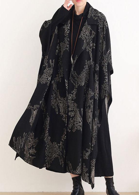 Black Print Peter Pan Collar Button Long Trench Coats