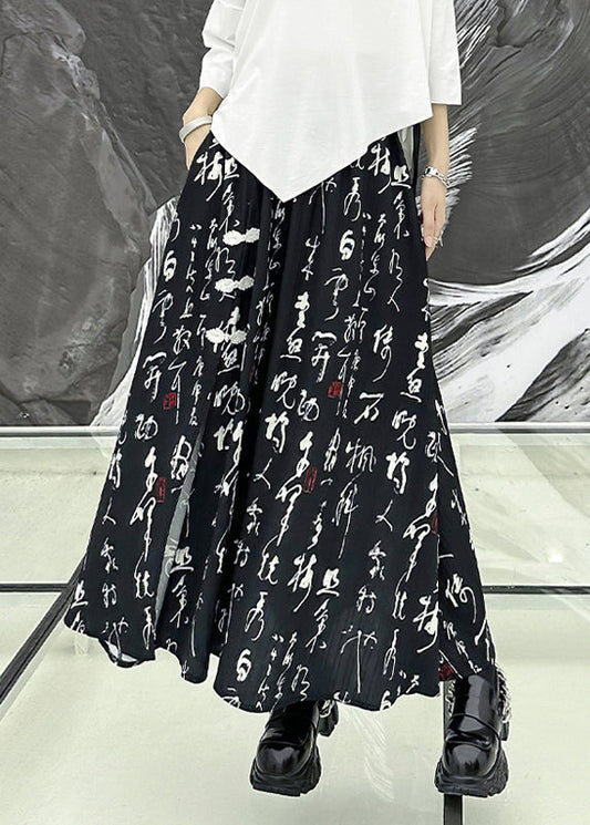 Black Print Side Open Wrinkled Patchwork Cotton Skirts Summer