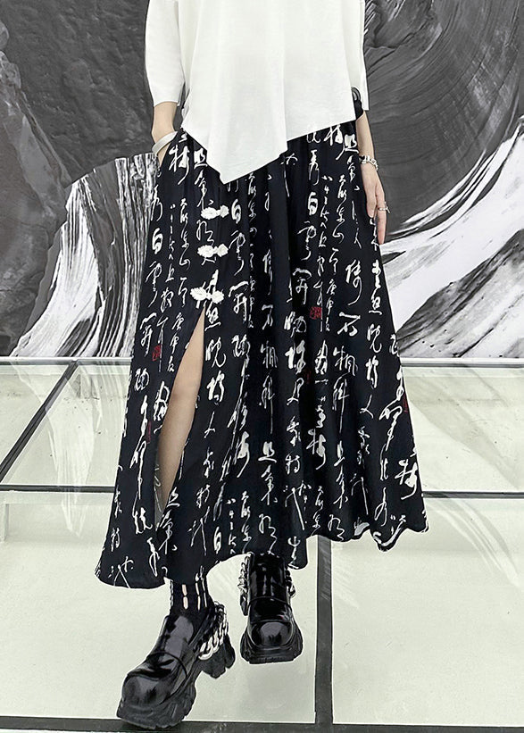 Black Print Side Open Wrinkled Patchwork Cotton Skirts Summer