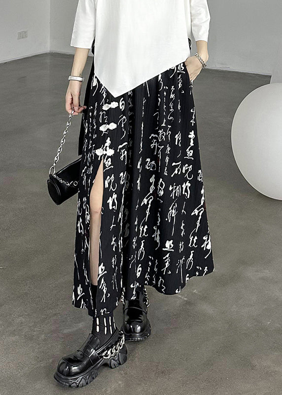 Black Print Side Open Wrinkled Patchwork Cotton Skirts Summer