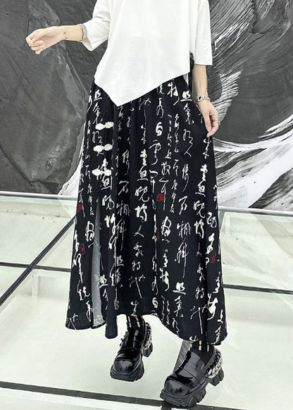 Black Print Side Open Wrinkled Patchwork Cotton Skirts Summer