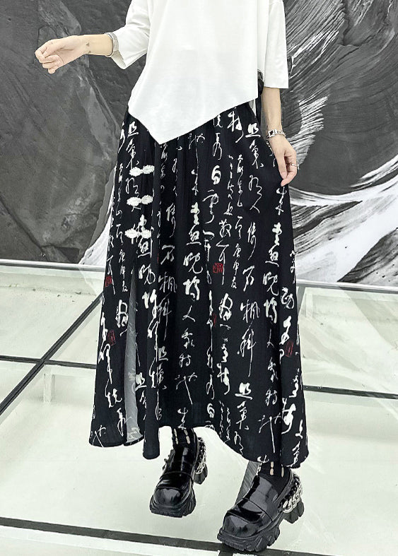 Black Print Side Open Wrinkled Patchwork Cotton Skirts Summer
